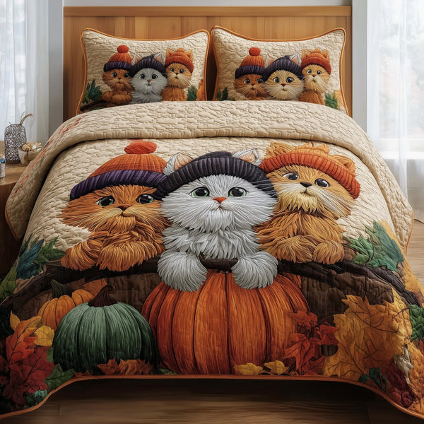 Autumn Cat Cottage quilted 3-piece bedding set on a made bed in a farmhouse bedroom