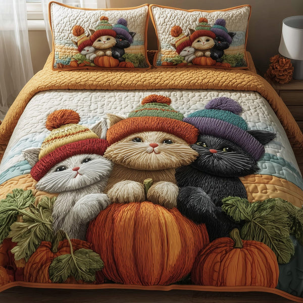 Autumn Cat Cottage quilted 3-piece bedding set on a made bed in a farmhouse bedroom