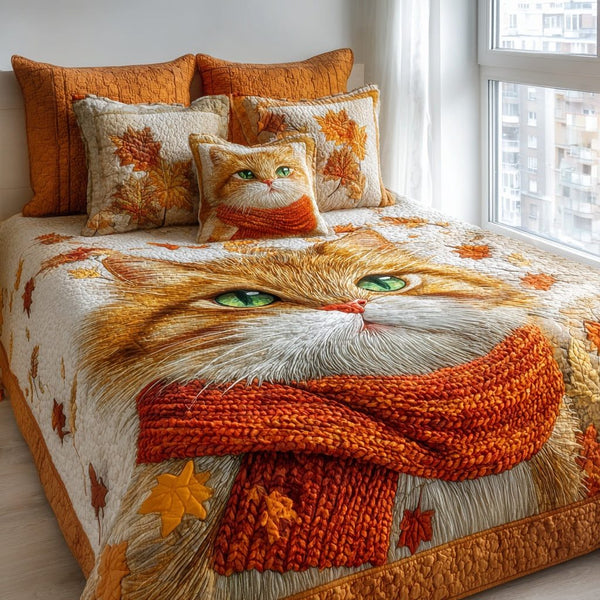 Autumn Cat Cozy quilted 3-piece bedding set on a made bed with two matching pillow shams
