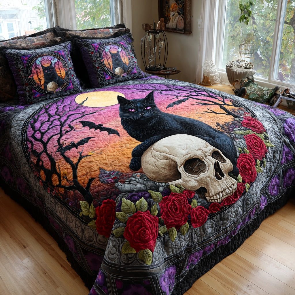 Autumn Cat Moon quilted 3-piece bedding set on a made bed with two matching pillow shams