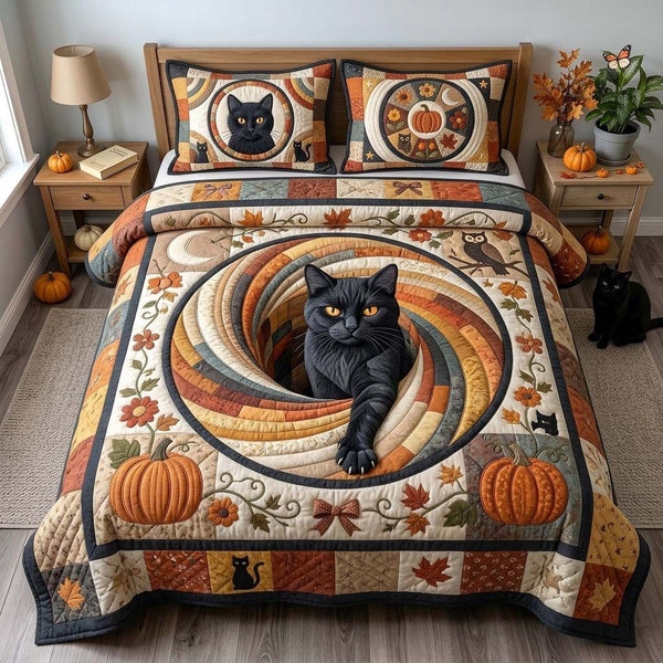 Autumn Cat Portal quilted 3-piece bedding set on a made bed with two matching pillow shams