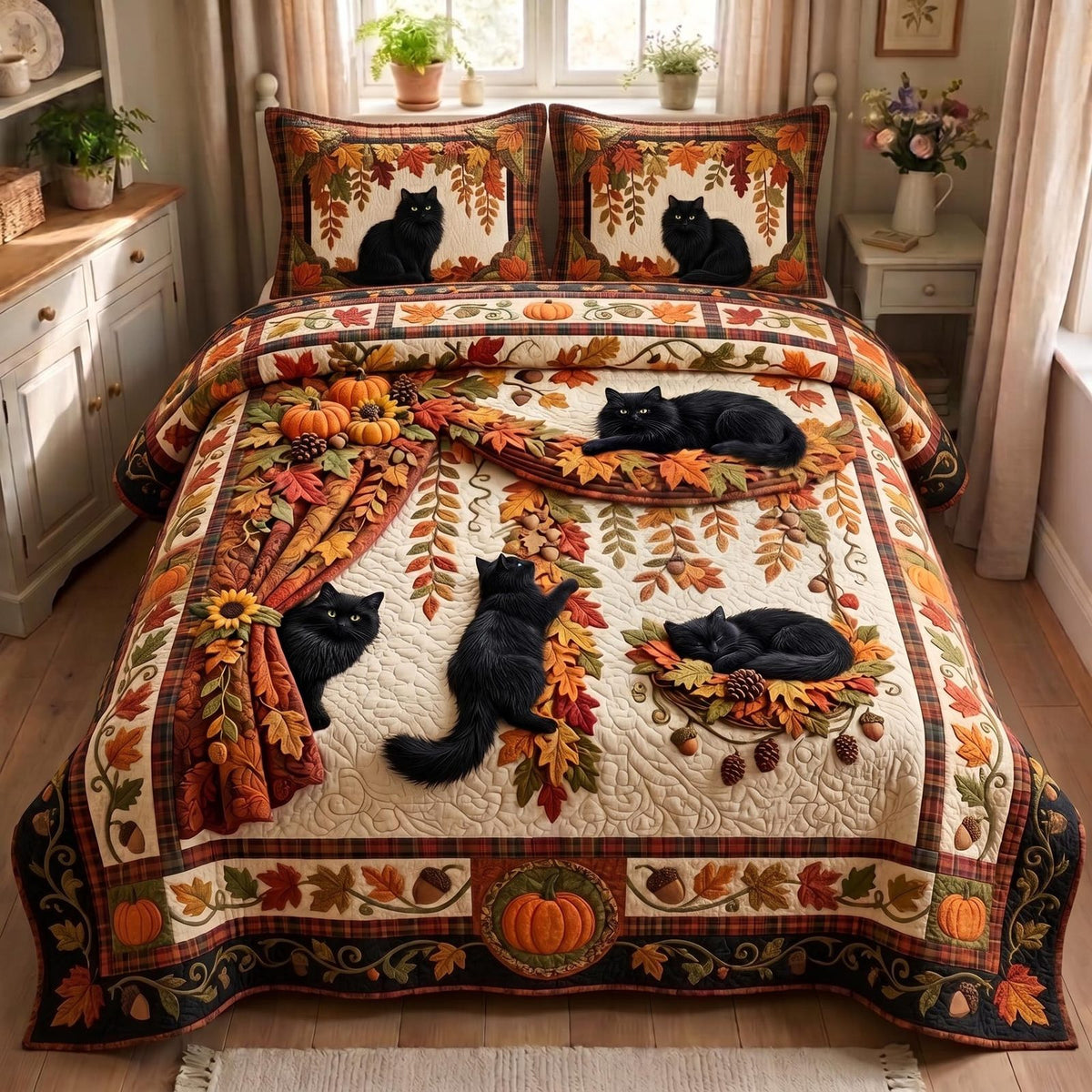 Autumn Cat quilted 3-piece bedding set on a made bed with two matching pillow shams