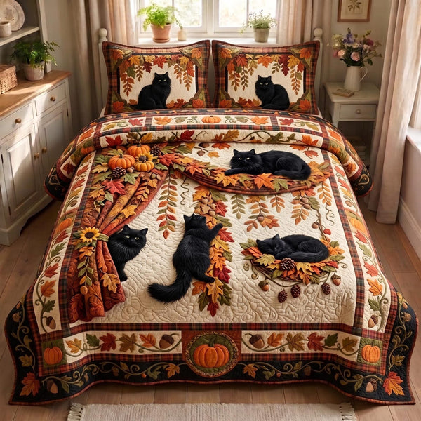 Autumn Cat quilted 3-piece bedding set on a made bed with two matching pillow shams
