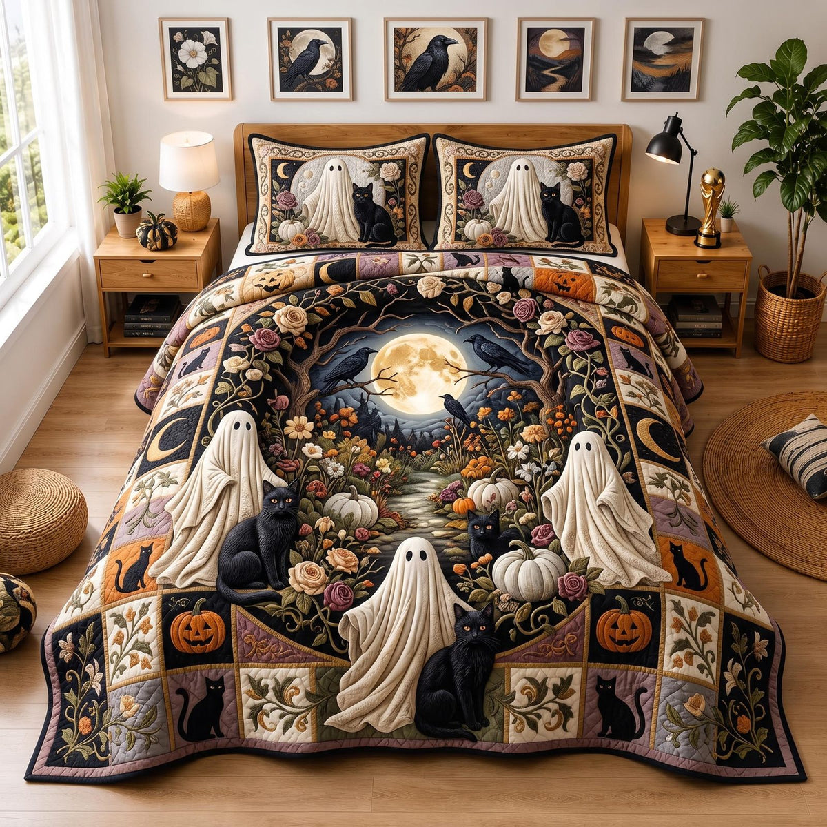 Autumn Cat quilted 3-piece bedding set on a made bed with two matching pillow shams