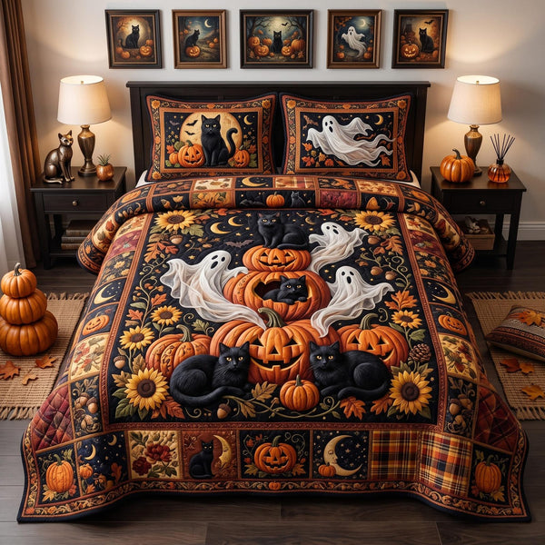 Autumn Cat quilted 3-piece bedding set on a made bed with two matching pillow shams