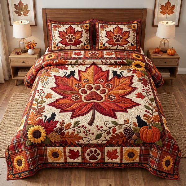 Autumn Cat quilted 3-piece bedding set on a made bed with two matching pillow shams