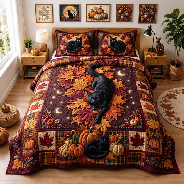 Autumn Cat quilted 3-piece bedding set on a made bed with two matching pillow shams