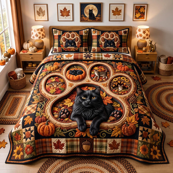 Autumn Cat quilted 3-piece bedding set on a made bed with two matching pillow shams