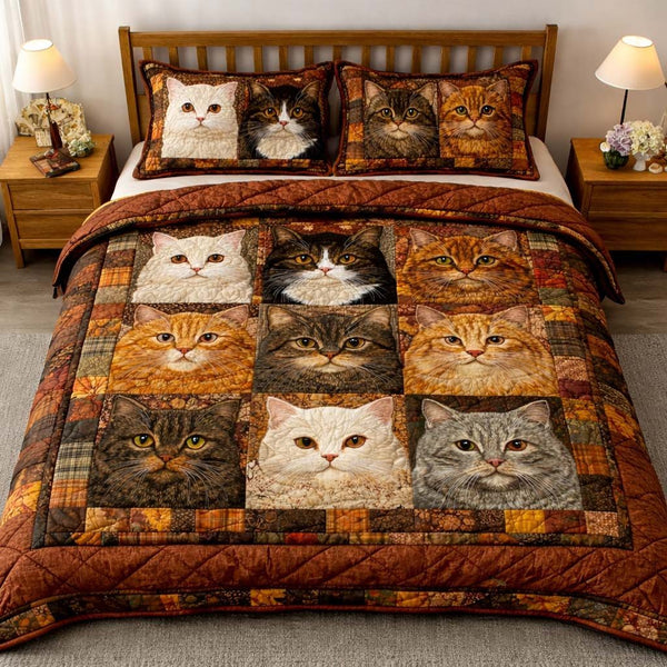 Autumn Cats quilted 3-piece bedding set on a made bed with two matching pillow shams