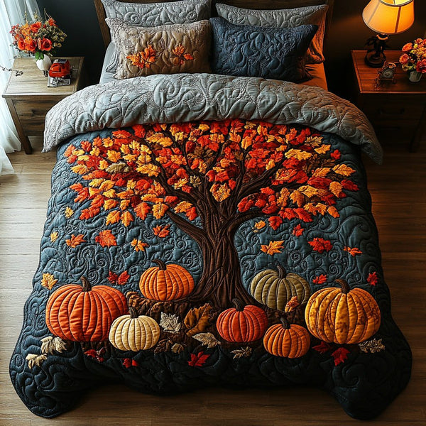 Autumn Charm quilted 3-piece bedding set on a made bed with two matching pillow shams