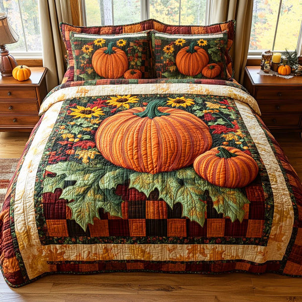 Autumn Charm quilted 3-piece bedding set on a made bed with two matching pillow shams