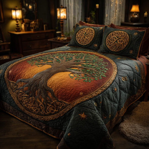 Autumn Circle quilted 3-piece bedding set on a made bed with two matching pillow shams