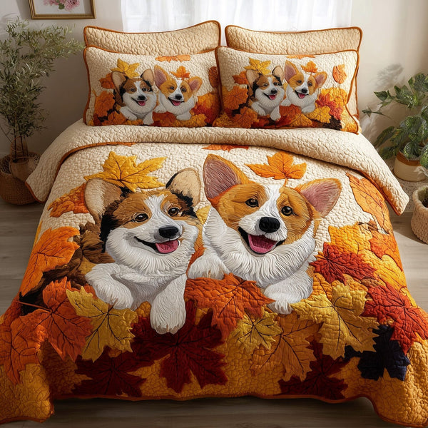 Autumn Corgi quilted 3-piece bedding set on a made bed with two matching pillow shams
