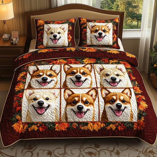 Autumn Corgi quilted 3-piece bedding set on a made bed with two matching pillow shams