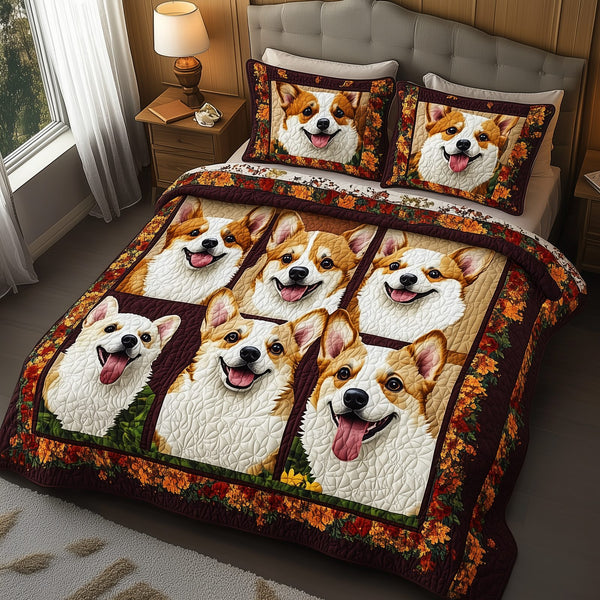 Autumn Corgi quilted 3-piece bedding set on a made bed with two matching pillow shams