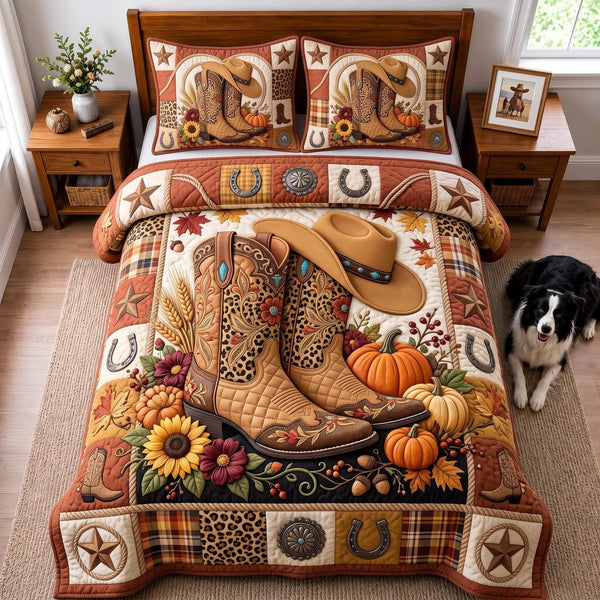Autumn Cowboy quilted 3-piece bedding set on a made bed in a rustic timber bedroom