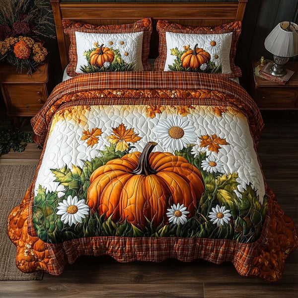Autumn Cozy Haven quilted 3-piece bedding set on a made bed with two matching pillow shams