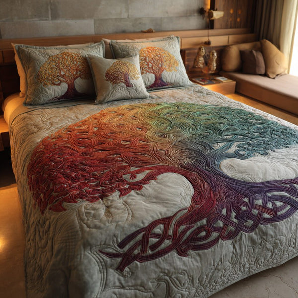 Autumn Crest quilted 3-piece bedding set on a made bed with two matching pillow shams