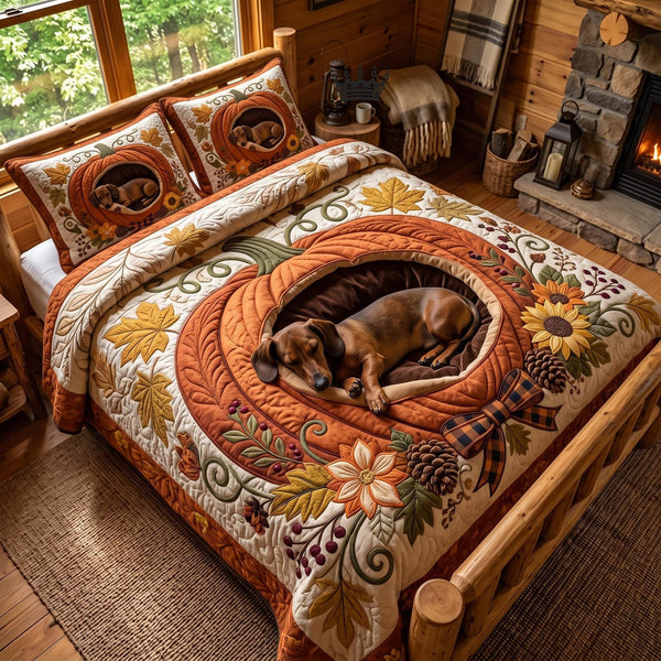 Autumn Dachshund quilted 3-piece bedding set on a made bed with two matching pillow shams