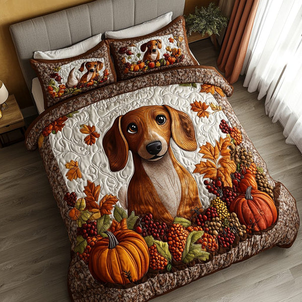 Autumn Dachshund quilted 3-piece bedding set on a made bed with two matching pillow shams