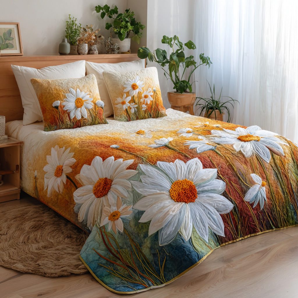 Autumn Daisies quilted 3-piece bedding set on a made bed with two matching pillow shams