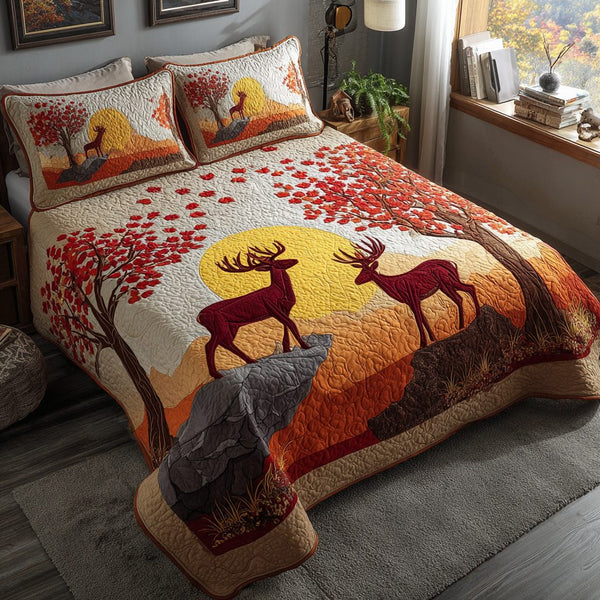 Autumn Deer quilted 3-piece bedding set on a made bed with two matching pillow shams