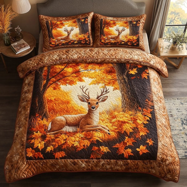 Autumn Deer quilted 3-piece bedding set on a made bed with two matching pillow shams