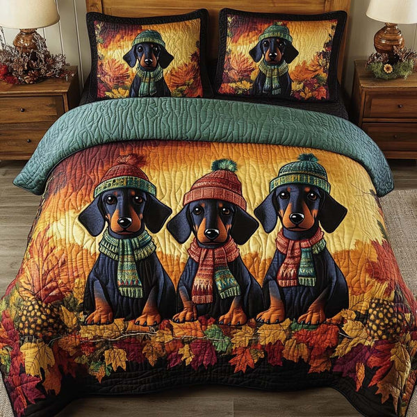 Autumn Doxie quilted 3-piece bedding set on a made bed with two matching pillow shams