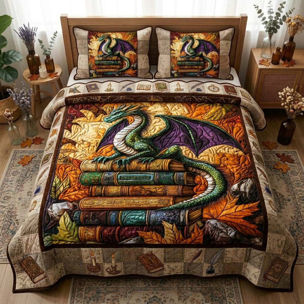 Autumn Dragon Tale quilted 3-piece bedding set on a made bed with two matching pillow shams