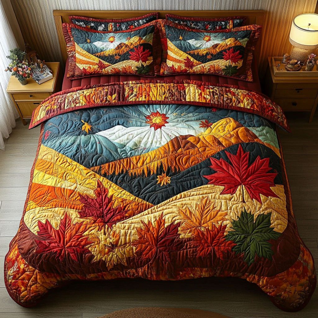 Autumn Dreams quilted 3-piece bedding set on a made bed with two matching pillow shams