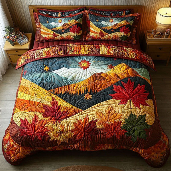Autumn Dreams quilted 3-piece bedding set on a made bed with two matching pillow shams