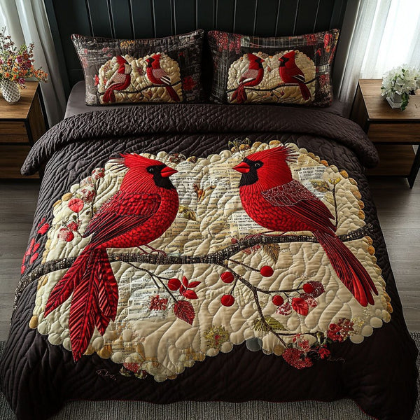 Autumn Duet quilted 3-piece bedding set on a made bed with two matching pillow shams