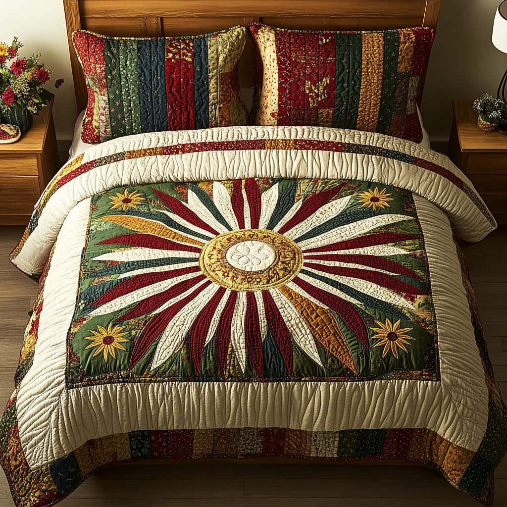 Autumn Elegance quilted 3-piece bedding set on a made bed with two matching pillow shams