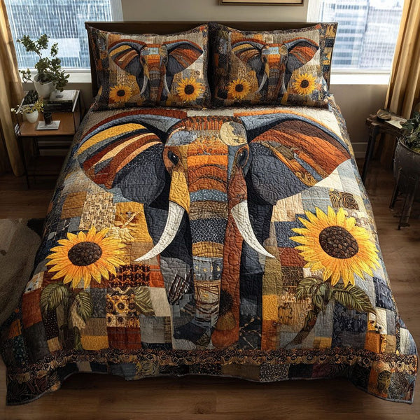 Autumn Elephant quilted 3-piece bedding set on a made bed with two matching pillow shams