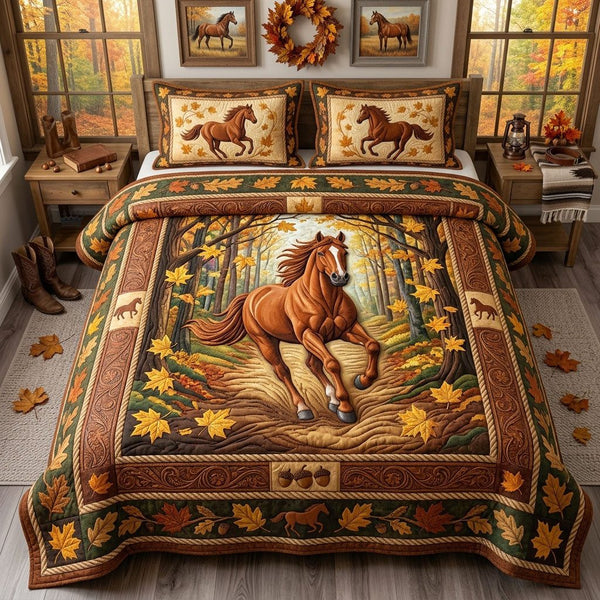 Autumn Escape Horse quilted 3-piece bedding set on a made bed in a rustic timber bedroom