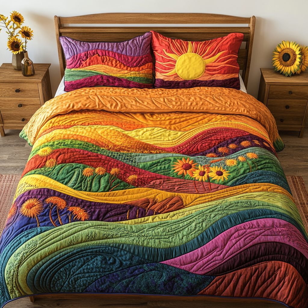 Autumn Escape quilted 3-piece bedding set on a made bed with two matching pillow shams