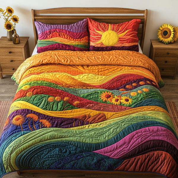 Autumn Escape quilted 3-piece bedding set on a made bed with two matching pillow shams