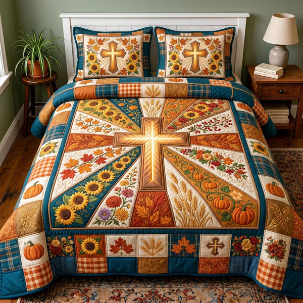 Autumn Faith quilted 3-piece bedding set on a made bed in a softly lit bedroom