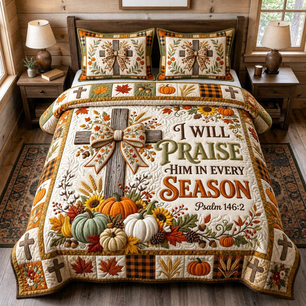 Autumn Faith quilted 3-piece bedding set on a made bed in a softly lit bedroom