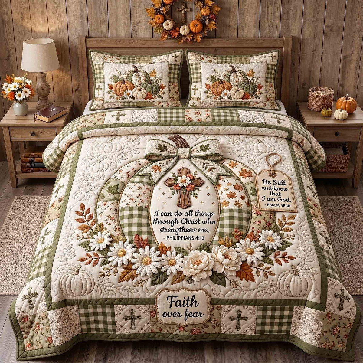 Autumn Faith quilted 3-piece bedding set on a made bed in a softly lit bedroom