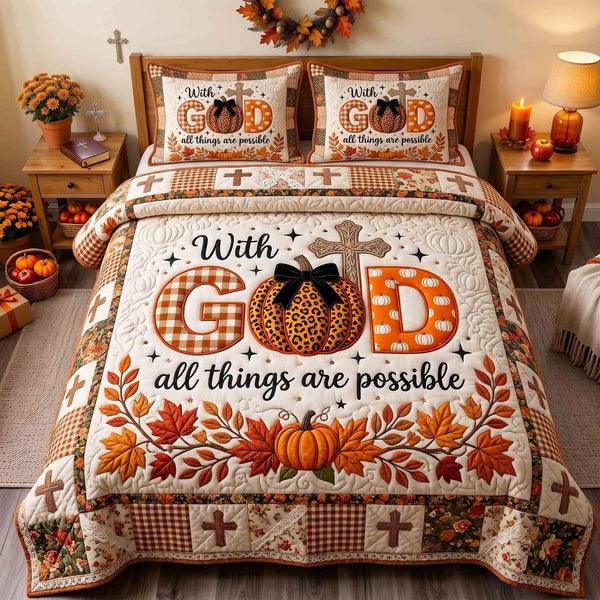 Autumn Faith quilted 3-piece bedding set on a made bed in a softly lit bedroom