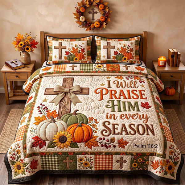 Autumn Faith quilted 3-piece bedding set on a made bed in a softly lit bedroom