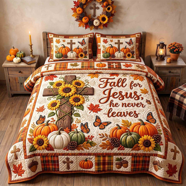Autumn Faith quilted 3-piece bedding set on a made bed in a softly lit bedroom