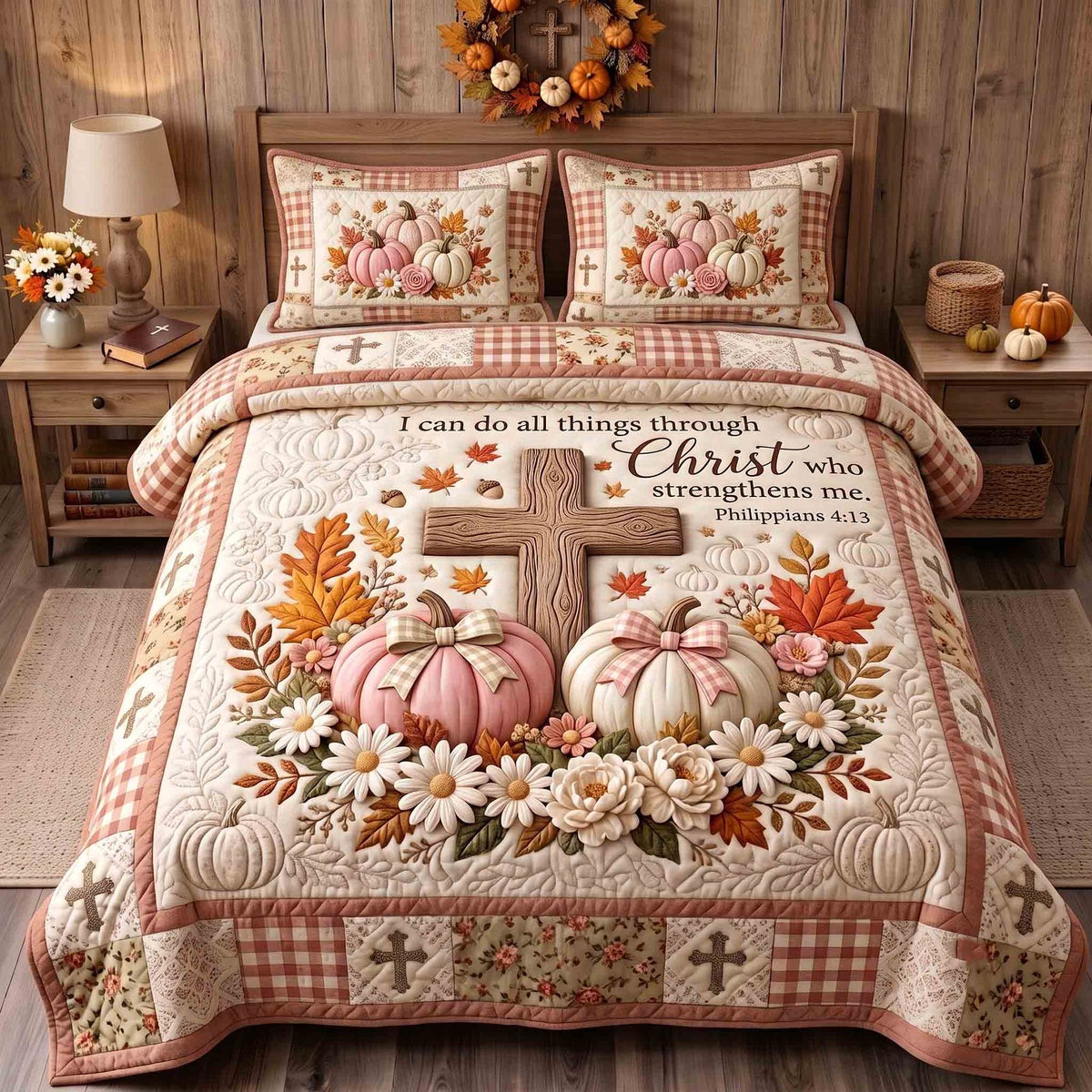 Autumn Faith quilted 3-piece bedding set on a made bed in a softly lit bedroom