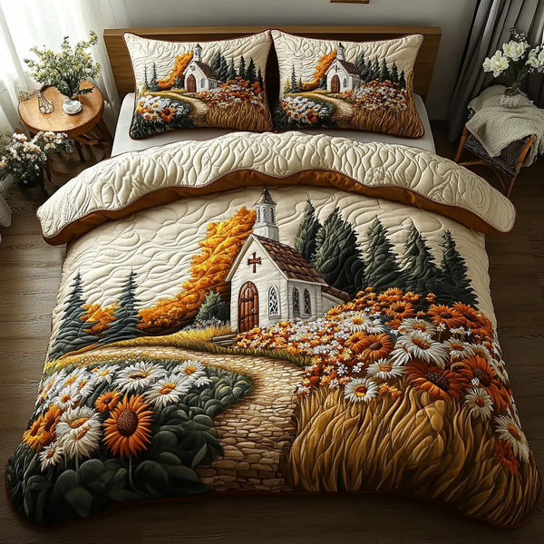 Autumn Faith quilted 3-piece bedding set on a made bed in a softly lit bedroom