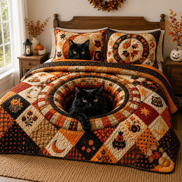 Autumn Familiar quilted 3-piece bedding set on a made bed with two matching pillow shams