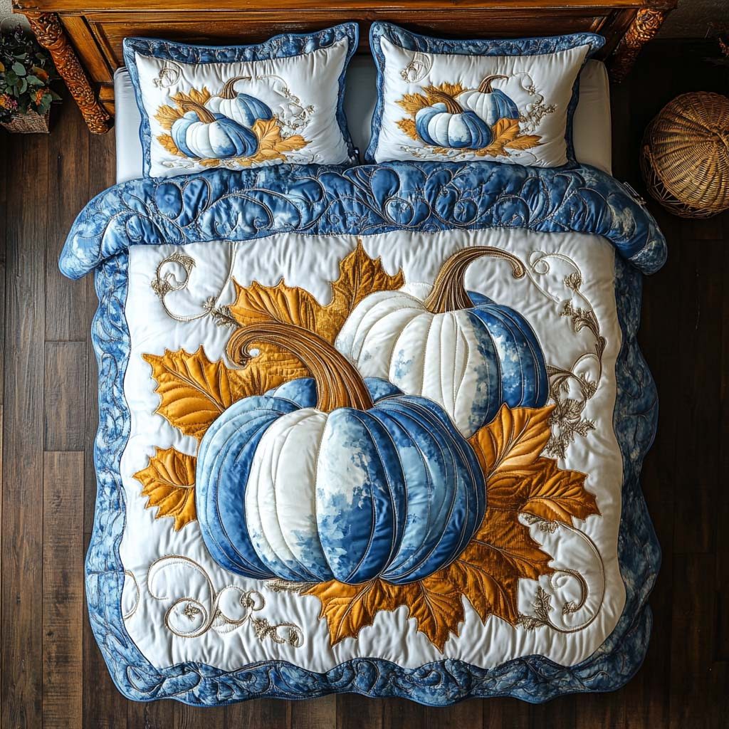 Autumn Farm Magic quilted 3-piece bedding set on a made bed with two matching pillow shams