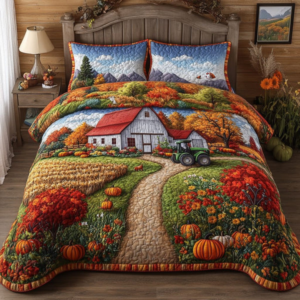 Autumn Farm quilted 3-piece bedding set on a made bed with two matching pillow shams
