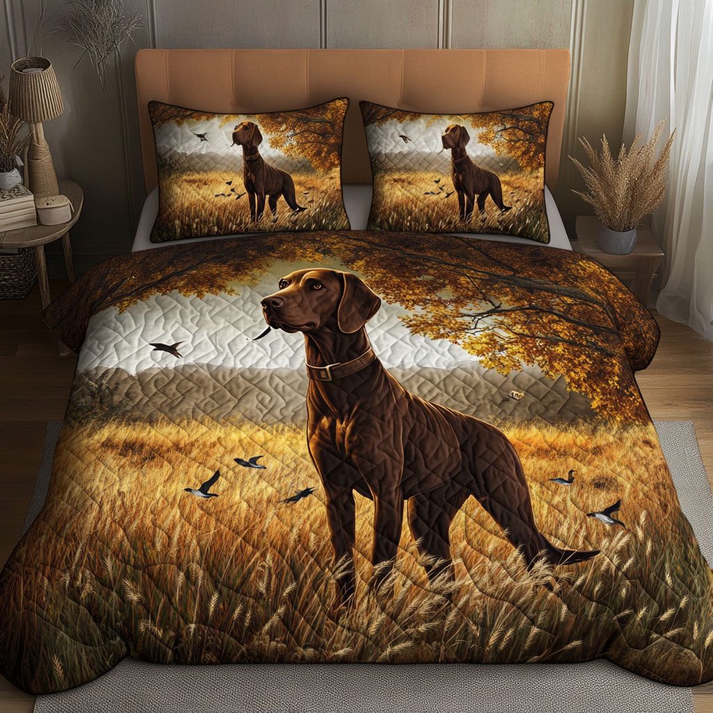 Autumn Field GSP quilted 3-piece bedding set on a made bed with two matching pillow shams