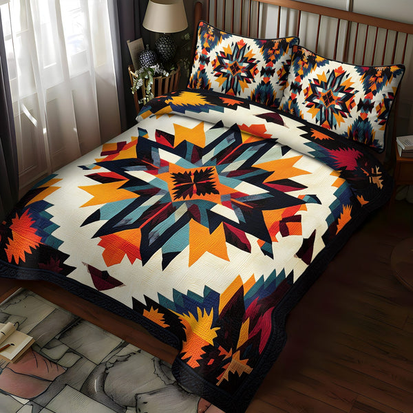 Autumn Fire quilted 3-piece bedding set on a made bed with two matching pillow shams